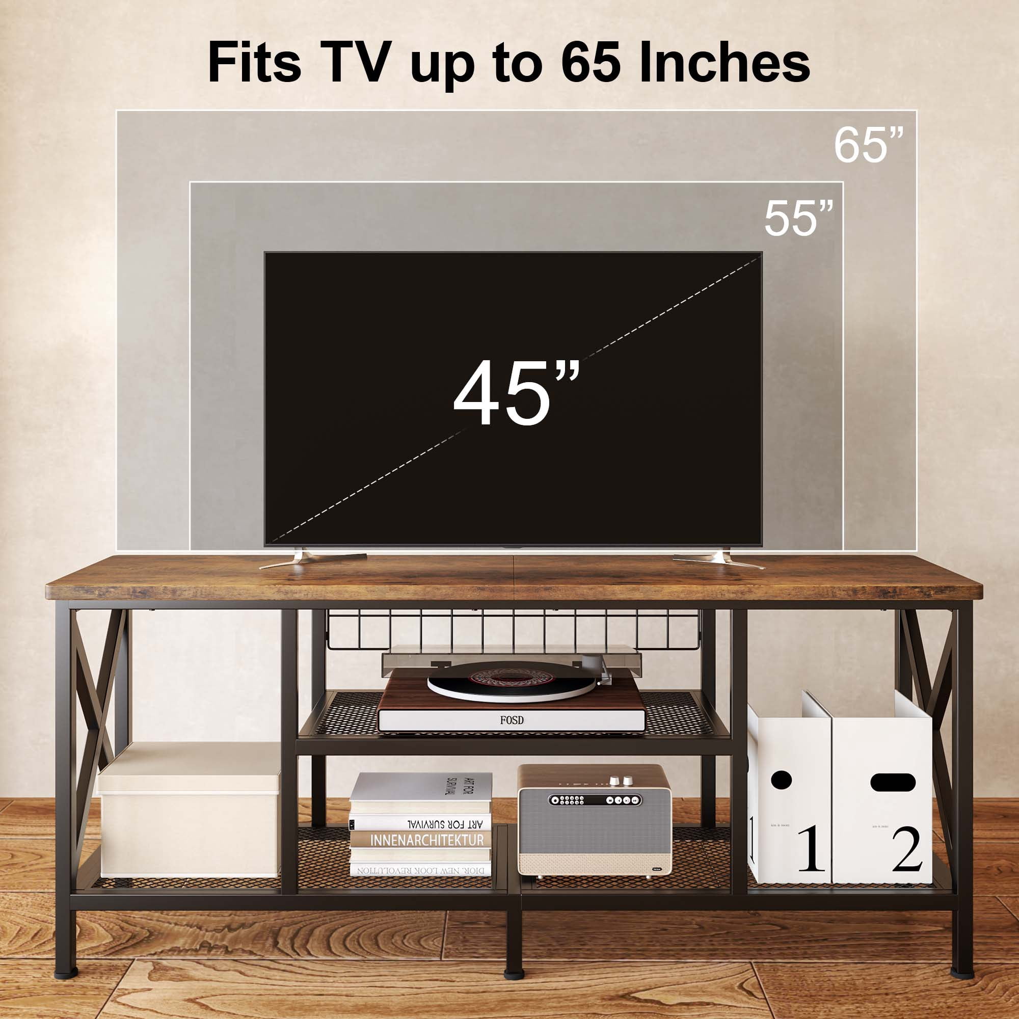 Aiho 59.8" Industrial 3-Tier Media Entertainment Center with Open Shelves & Metal Frame - Spacious TV Stand for 55-65 Inch TVs, Versatile Sofa Table for Living Room, Bedroom, Office - Rustic Brown