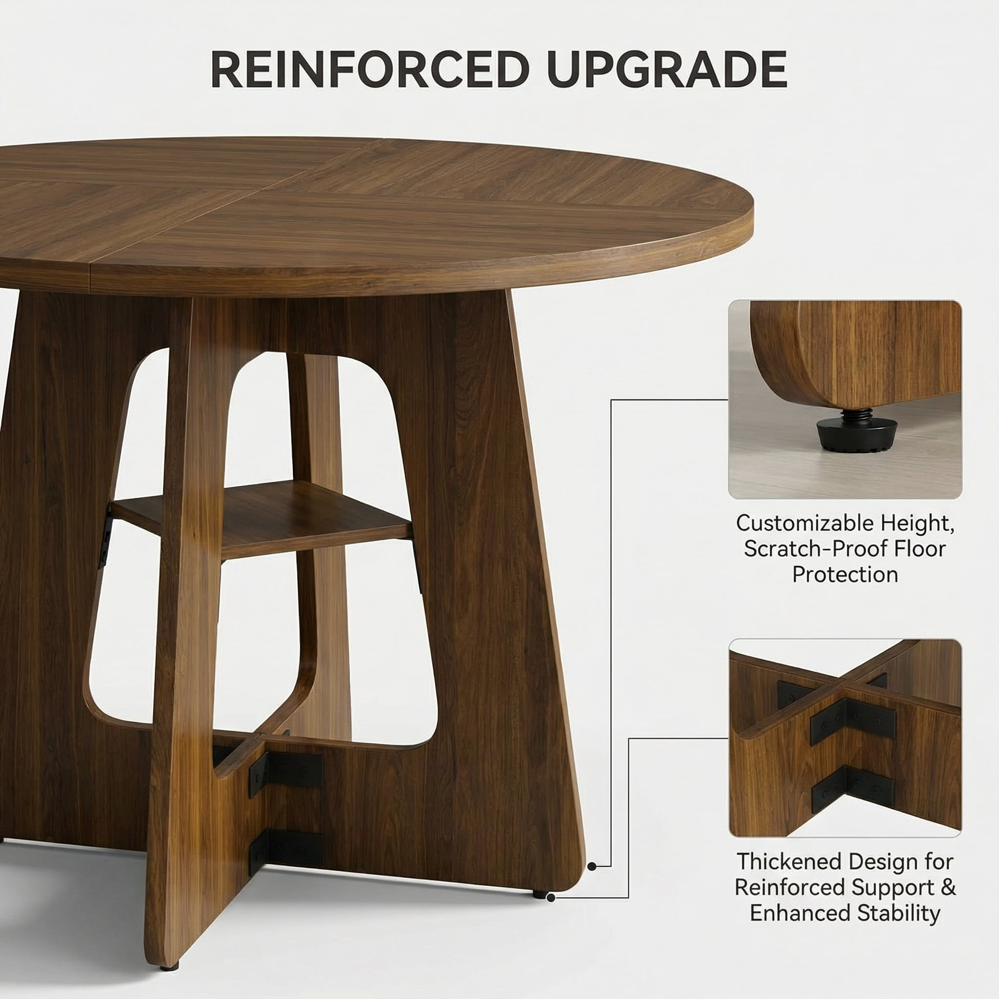47" Round Dining Table for 4 to 6 Person, Farmhouse Kitchen Table with Under-Table Storage Shelf, Solid Wood Construction for Dining Room, Living Room, Brown