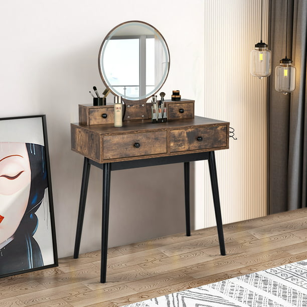 Makeup Vanity Table With Lighted Mirror, Rustic Vanity Table With Lighted Mirror