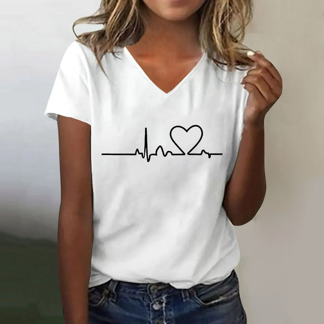 Séductiva T-Shirt à Manches Courtes pour Femmes en Liquidation Liquidation Été 2025 Hauts pour Femmes Mignon Cœur Graphique Col Rond Manches Courtes Coupe Régulière T-Shirts Décontractés
