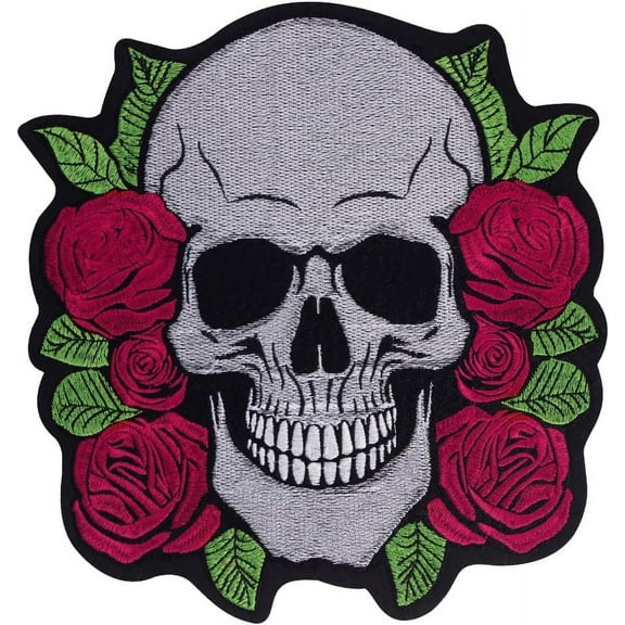 Red Rose and White Skull Embroidery Patches Iron on Sew on Patches Punk Patches Jacket Patches for Men 1 Piece
