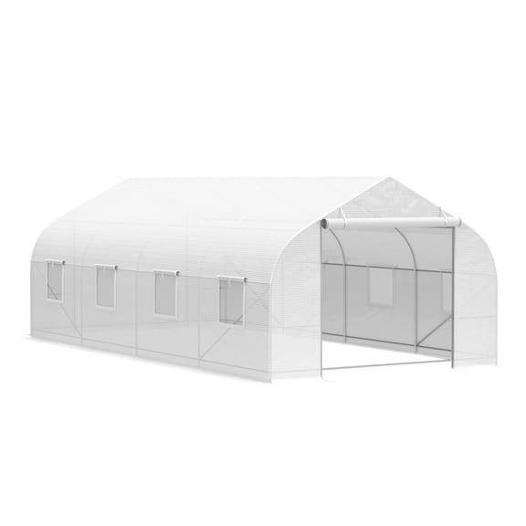 20' x 10' x 7' Outdoor Walk-in Greenhouse, Tunnel Green House with Roll-up Windows, Zippered Door, PE Cover, Heavy Duty Steel Frame, White