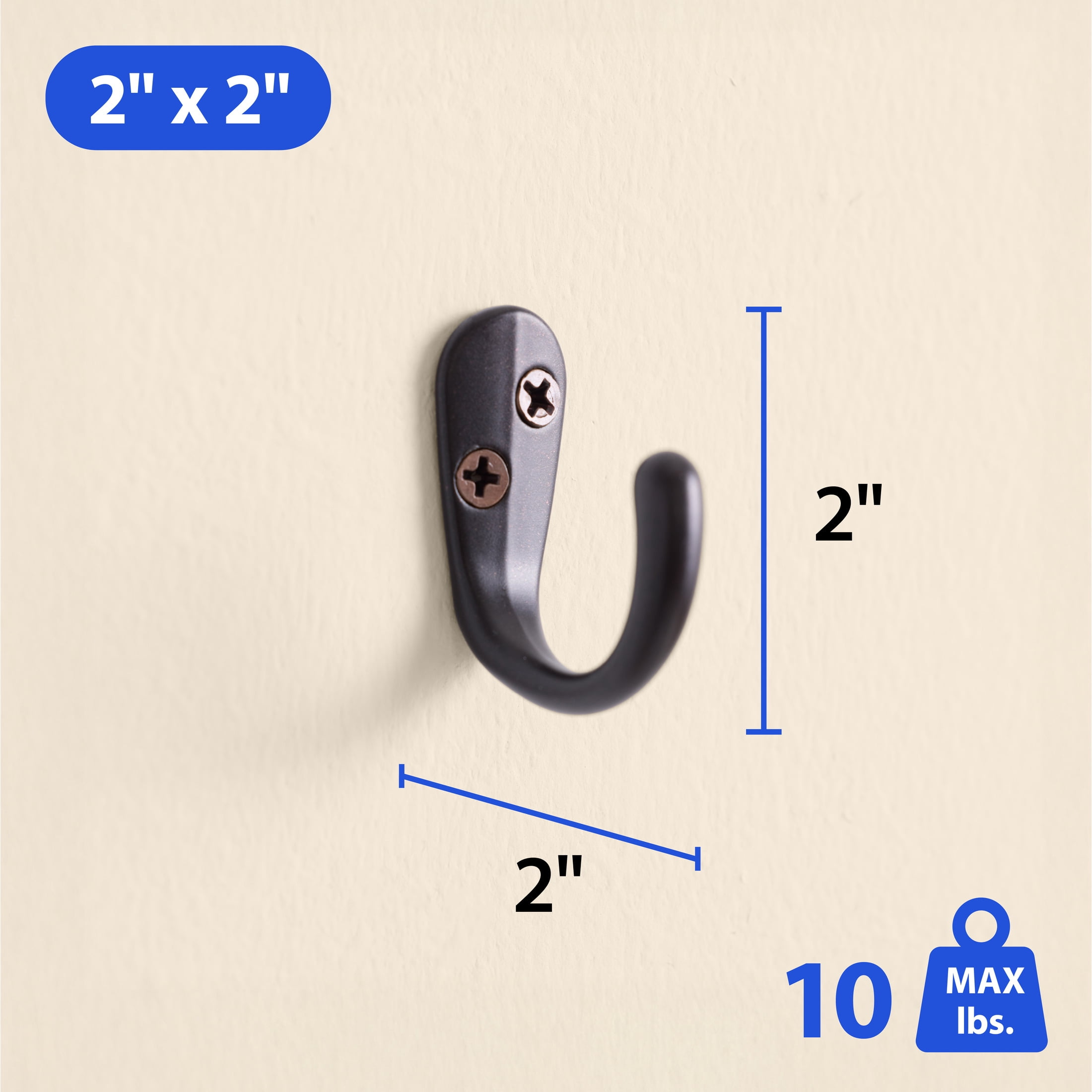 Mainstays, Bronze Finish Metal Hooks, Clutter-Free Hooks for Hanging Towels and Coats, 10 lbs Capacity, 2 Pack