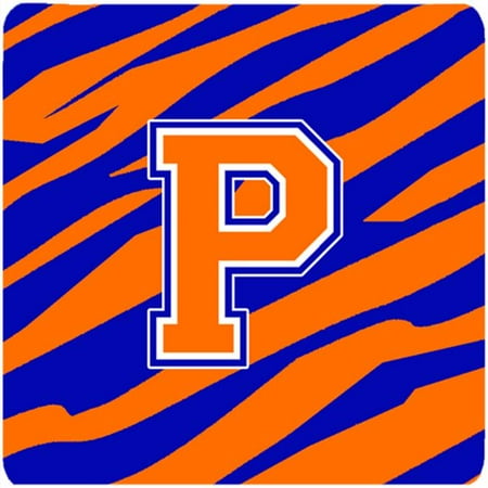 

Monogram - Tiger Stripe - Blue Orange Foam Coasters Initial Letter P - Set 4 3.5 x 3.5 In.