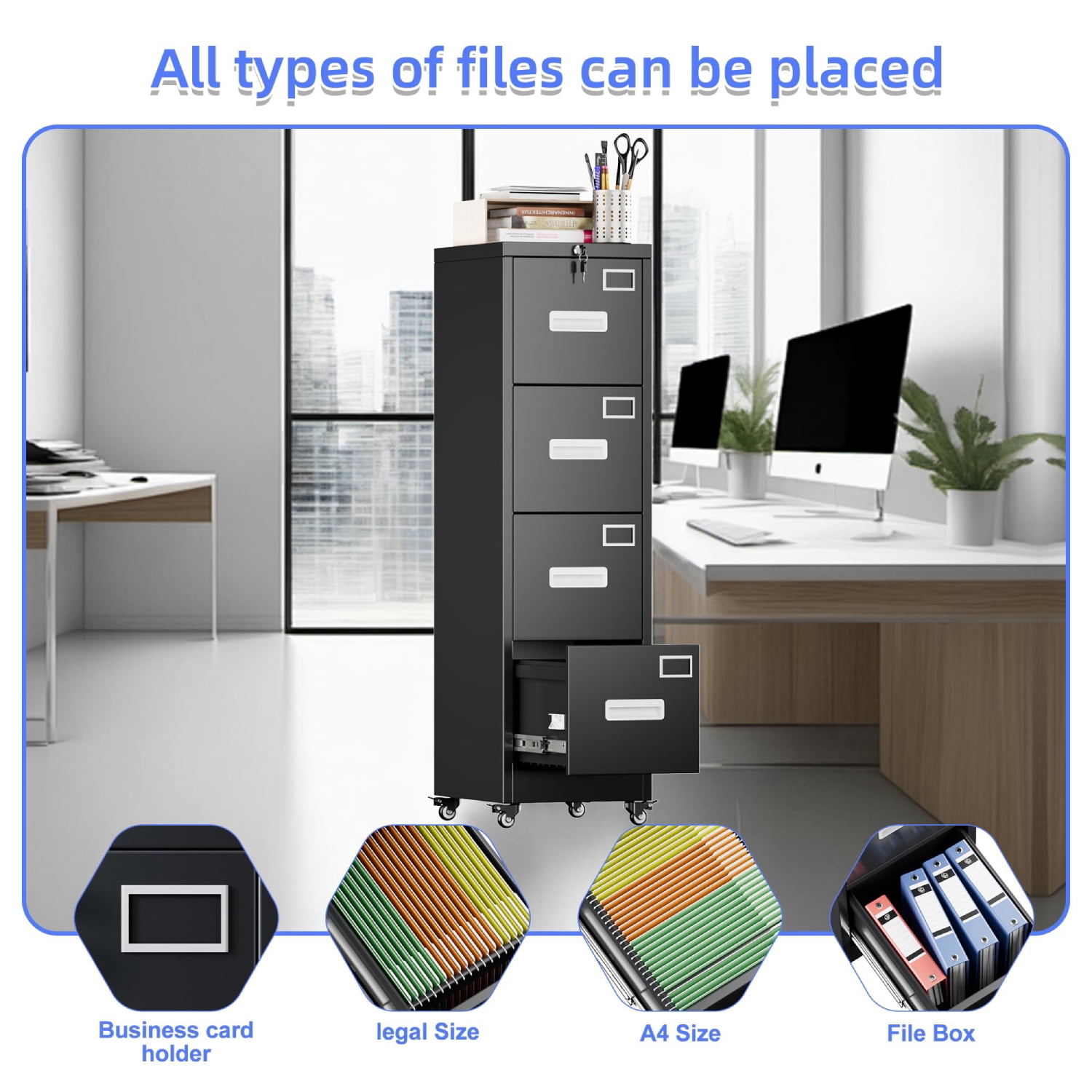 4 Drawer Vertical File Cabinet on Wheels, Lockable Office Storage with Handle & Name Card Slots, Mobile Cabinet for Office & Home, Black