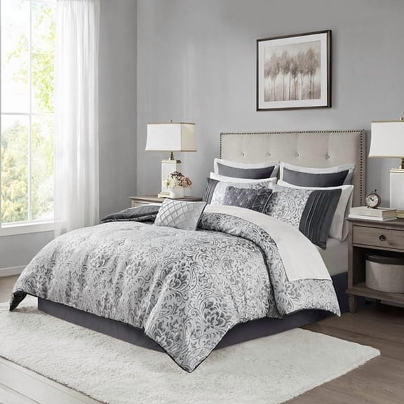 Madison Park Queen Size 12 Piece Jacquard Comforter Set with Bed Sheets Silver,Bed in a Bag,All Season Bed Set,Cozy and Lightweight