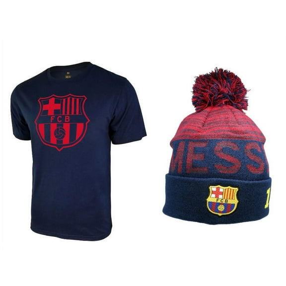 Icon Sports Men FC Barcelona Official Soccer T-Shirt and Beanie Combo 33 - Small