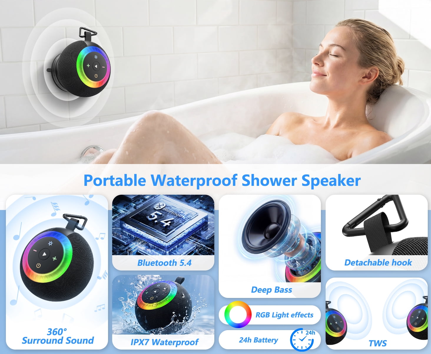 Portable Bluetooth Speaker, Waterproof Shower Speaker, IPX7 Removable Suction Cup with Vacuum Knob, 360° Surround Sound, RGB Lights, Outdoor Speaker Bluetooth for Pool, Beach, Kayak Essentials, Gifts