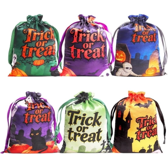 12pcs Halloween Treat Bags, Halloween Candy Bags with Pumpkin, Ghost, Cats and Spider Designs, Cookie Goodies Bag for Kids, Drawstring Bag Packs for Party Favor Supplies