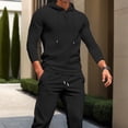 thumbnail image 4 of sususu Mens Suits 2 Piece,Modern Men Two Piece Solid Color Hoodie Top with Trousers Casual Long Sleeve Outfit Set for Everyday Wear - Black, 4 of 5