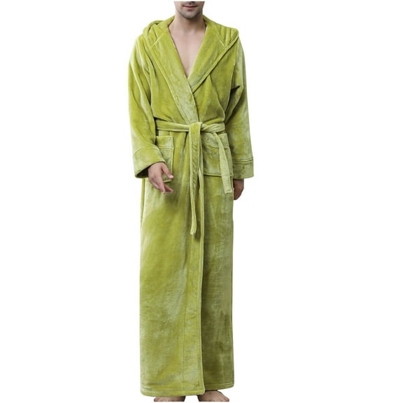 VANLOFE Unisex Warm Pajamas Household Clothes Solid Bathrobe Lengthened Night-robe Woman's Nightgown Hooded Robes Yellow Robes Sleepwear for Woman L