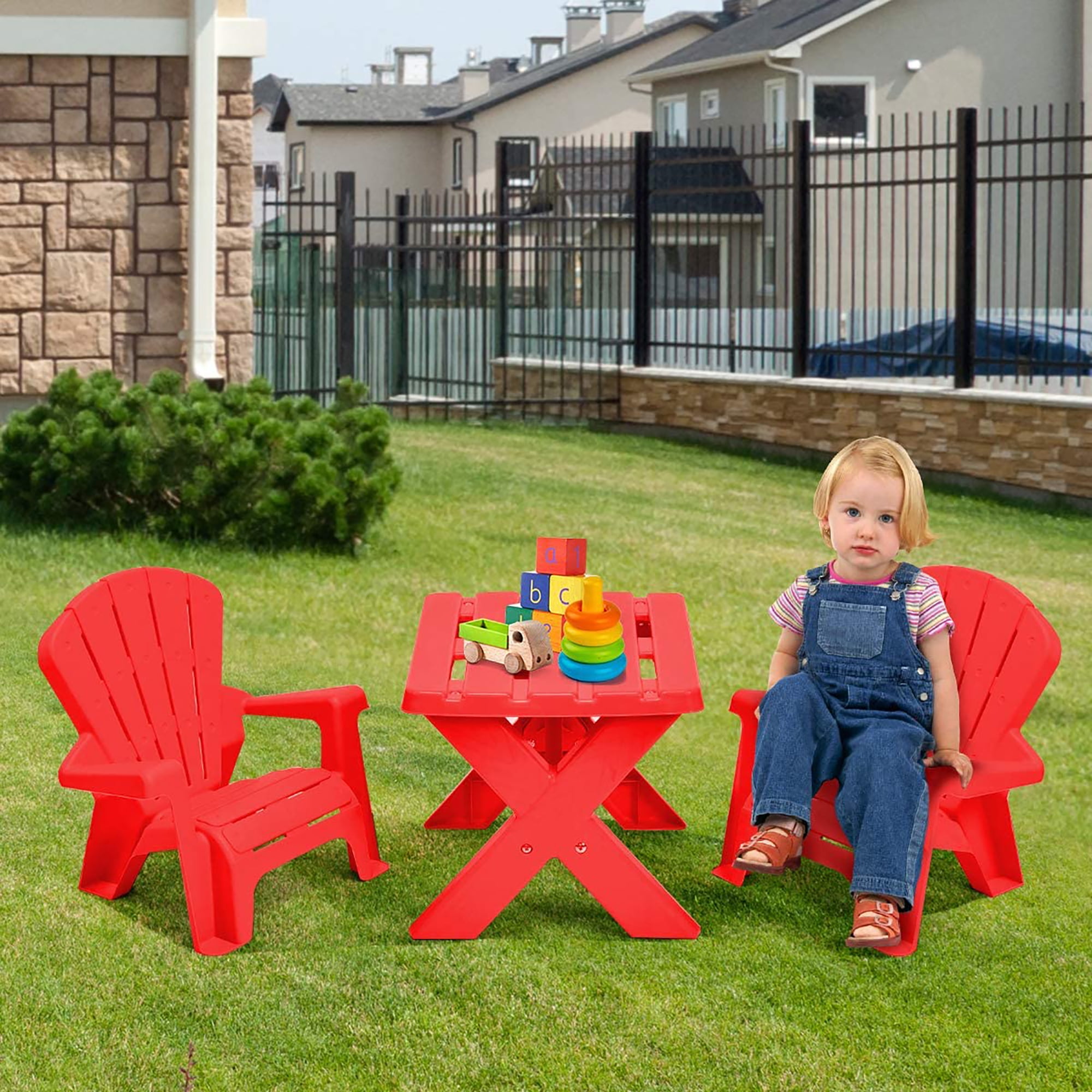 Costway Kids 3-Piece Outdoor Activity Table and Chair Set, Red