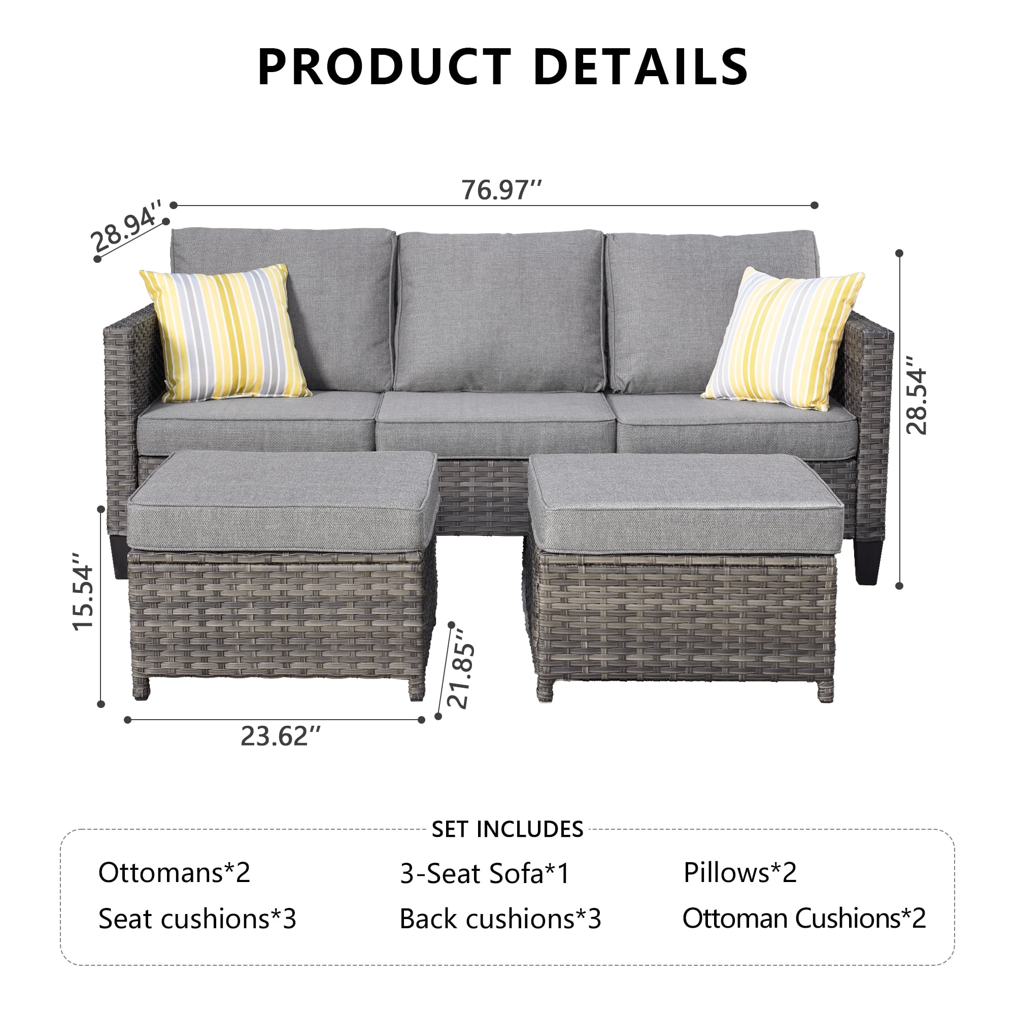 Ovios 3-Piece Outdoor Furniture Set All-Weather Wicker Patio Sofa with Cushions for Conversations