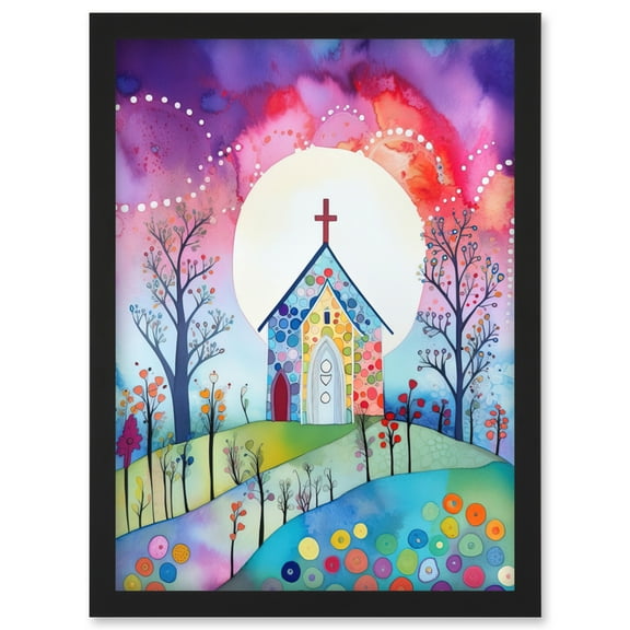 Countryside Chapel In Full Moon Spring Night Folk Art Watercolour Painting Artwork Framed Wall Art Print A4