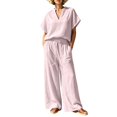 thumbnail image 2 of BRELIL Women Plus Size Two Piece Outfits V Neck Short Sleeve Tee Wide Leg Pants Casual Lounge Set Solid Boho Vacation Travel Loose Tracksuit, Pink S, 2 of 6
