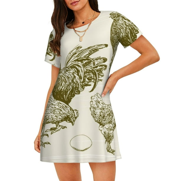 Fotbe Chickens Bata de Dormir para Mujer con Estampado, Camisón de Algodón de Manga Corta, Ropa de Dormir Casual