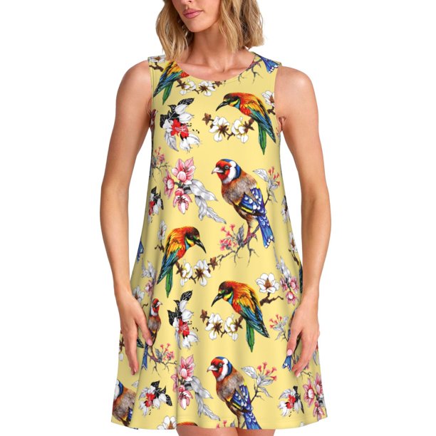 Easygdp Beautiful Bright Birds And Flowers para Vestido Transpirable de Mujer, Vestido Suelto de Manga Corta con Pliegues y Bolsillos para el Verano