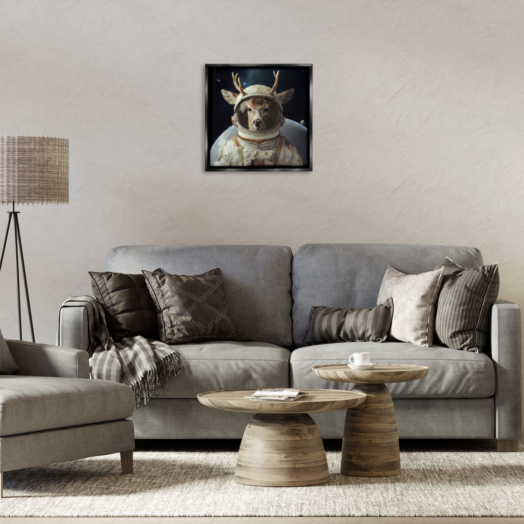Stupell Industries Space Astronaut Deer Astrology & Stars Painting Black Floater Framed Canvas Art Print Wall Art, 18 x 18