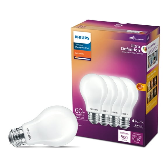 Philips Ultra Definition LED 60-Watt A19 Light Bulb, Frosted Soft White, Dimmable, E26 Medium Base (4-Pack)