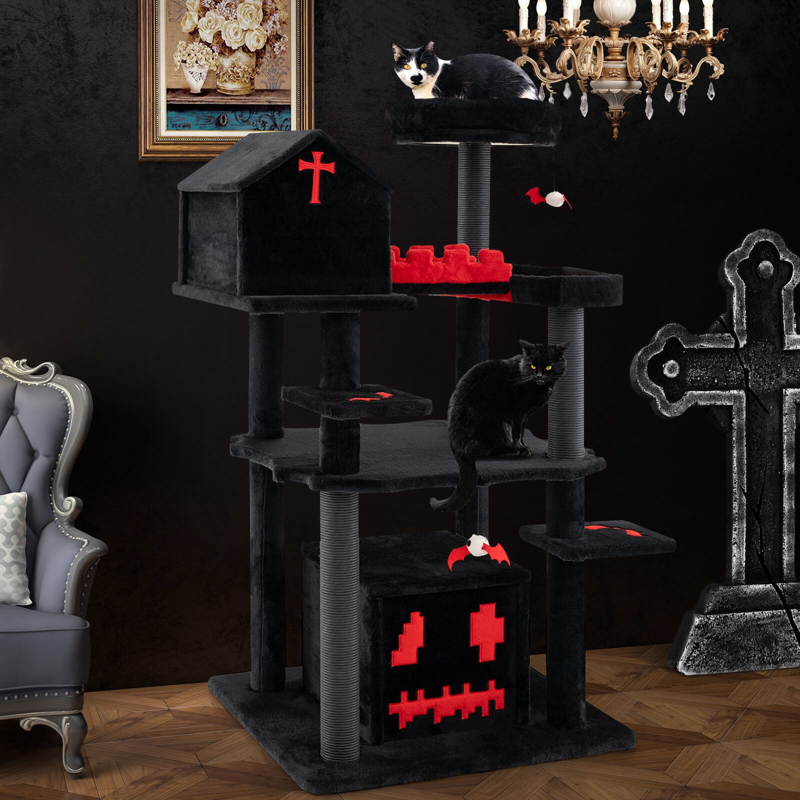 Infans Gothic Cat Tree 49" Tall Cat Tower w/ Coffin Bed & 2 Condos & Cozy Perch,