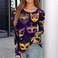 thumbnail image 2 of Mardi Gras Shirts Womens Glitter Mask Print Crew Neck Blouse Carnival Long Sleeve Party Tunic Tops Dark Purple S, 2 of 5