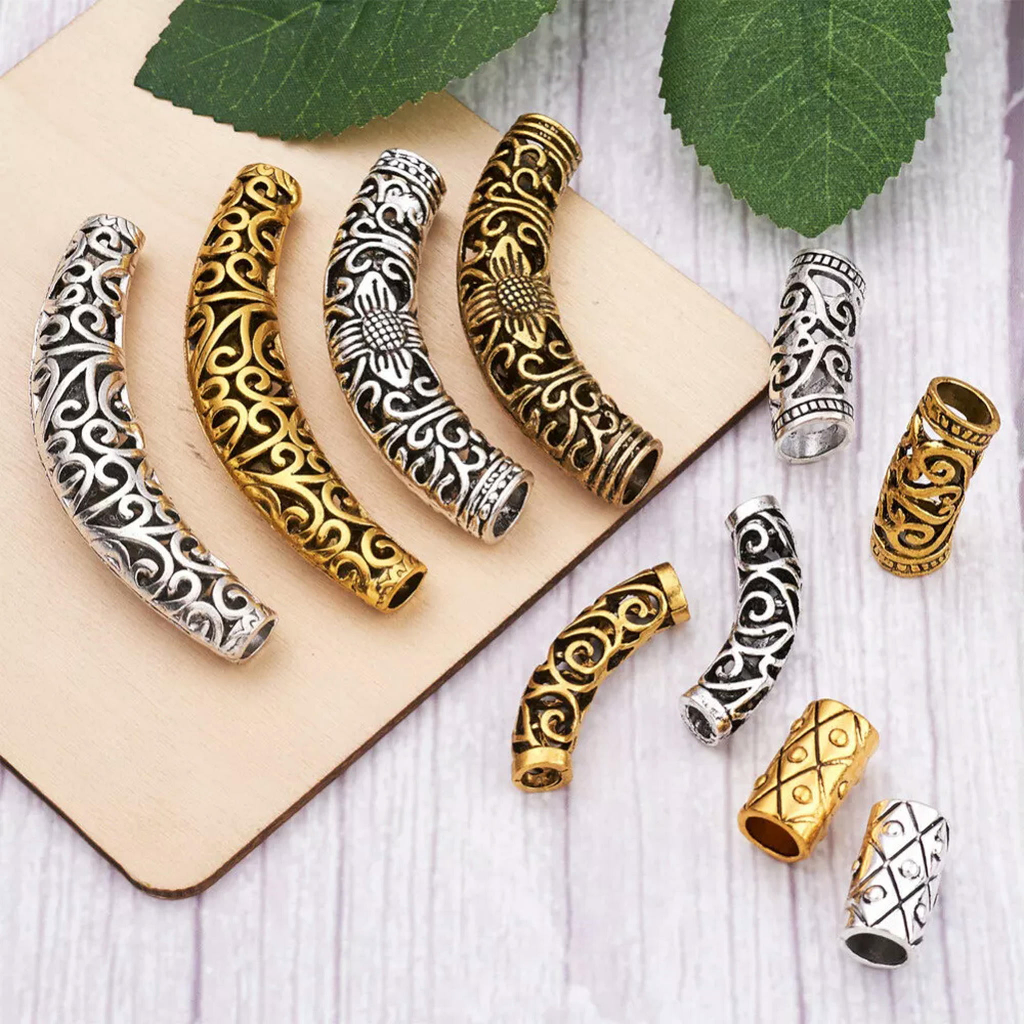 U8MO 40pc Tibetan Silver Alloy Curved Tube Beads Long Curved Tube Noodle Beads 7~64mm