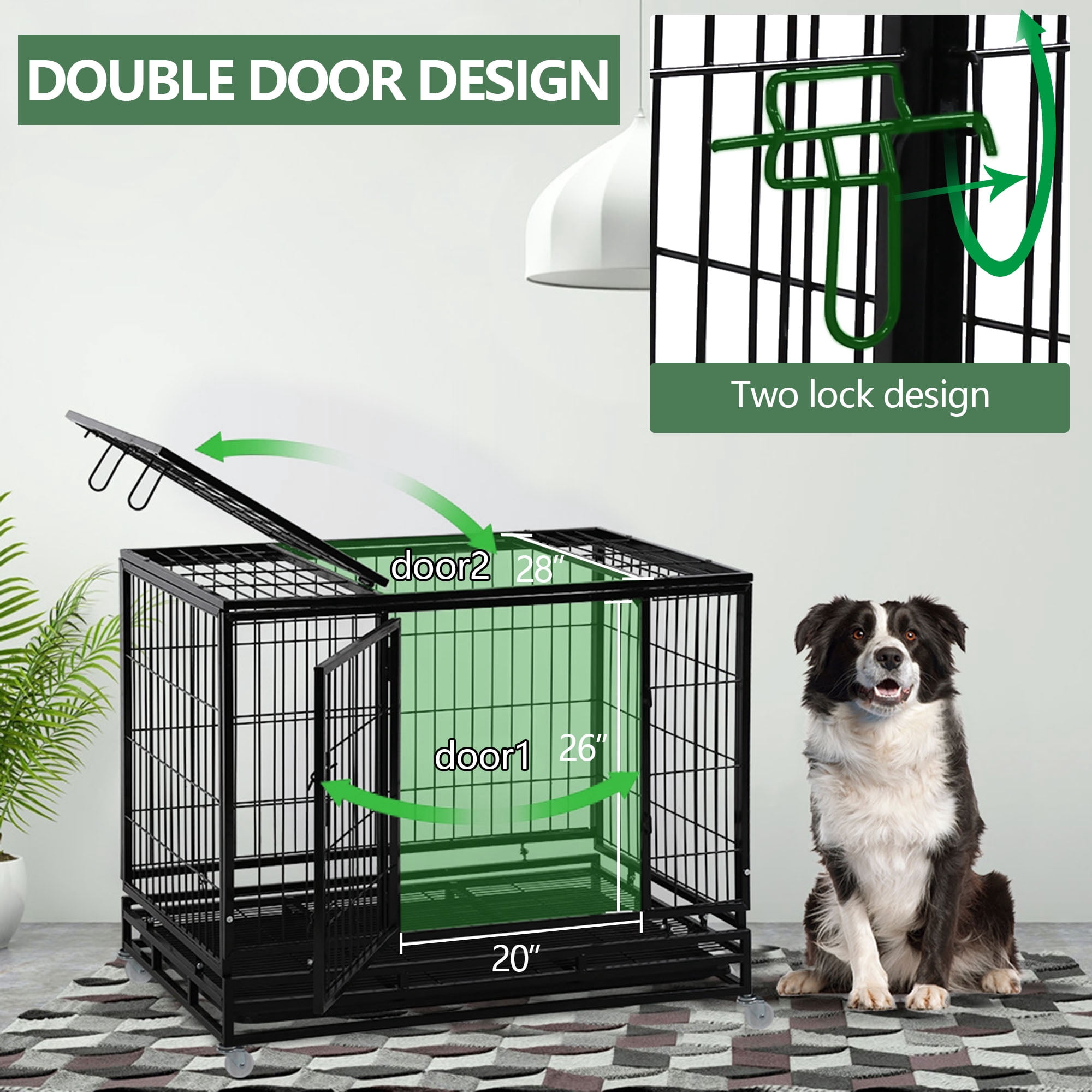 CL.HPAHKL 42 Inch Dog Crate, Heavy Duty Dog Kennel with Lockable Wheels Wire Dog Crate with Double-Door,Divider Panel, Removable Tray Indestructible Dog Crates Dog Cage for Large Medium Dogs, Black