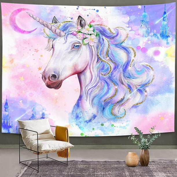 CPDD Unicorn Tapestry, Watercolor Cool Kids Wall Hanging, Magic Castle Pink  Purple Wall Decor for Bedroom College Home Decorations, 51”x59” Unicorn 2 