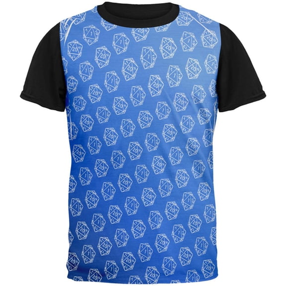 D20 Gamer Critical Hit and Fumble Blue Pattern All Over Mens Black Back T Shirt