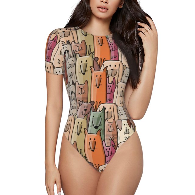 Balery Funny Dogs Family Body de cuello redondo de manga corta para mujer Tops de manga corta Tops básicos-Small