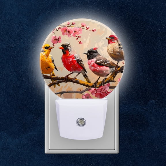 Night Light Plug into Wall,Dusk to Dawn Sensor Auto-On/Off for Bathroom, Hallway,Kids Room-Birds Sitting On Cherry Blossom Tree Branch