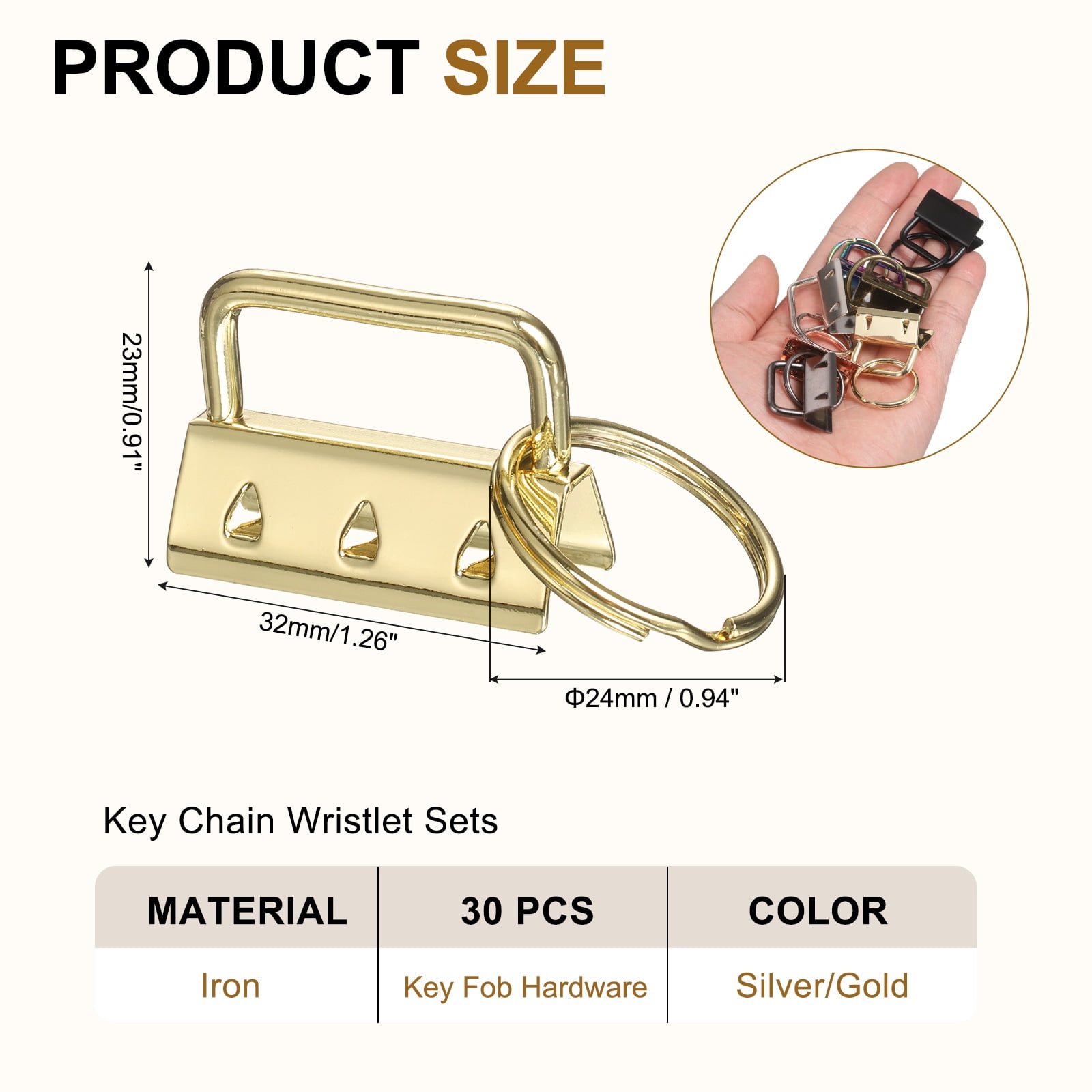 Uxcell 30 Pcs Key Fob Hardware, 0.8/1in 32mm Wristlet Clasp Sets with Key Rings for Keychain Making Supplies Lanyards Bag DIY Crafts, Silver/Gold