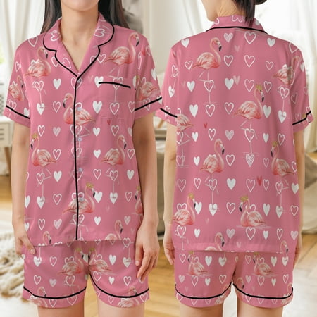 Lotusprinthandmade Flamingo All-over Print Satin Short-Sleeve Pajamas Set (XL) tropical print pajama set pink flamingo sleepwear