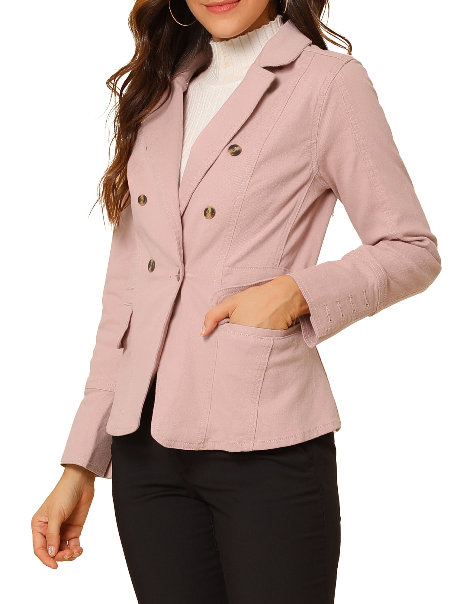 DARING DIVA Women's Lapel Jeans Blazer Denim Jacket W Pockets M Pink