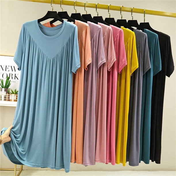 Camisón para mujer, ropa de dormir suave, plisado, cómodo vestido de dormir de manga corta JadeP Camisón de cuello redondo para mujer