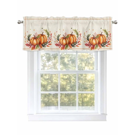 Thanksgiving Pumpkin Valances for Windows Fall Maple Leaf Orange Strips Rod Pocket Curtains Valance Short Window Treatment Drapes for Living Room, Bedroom Bathroom 42" W x 18" L