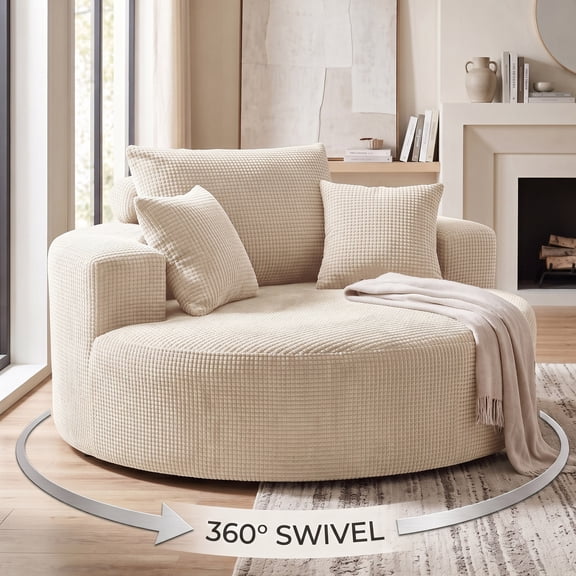 OMNIBERG Oversized 360° Swivel Round Sofa Bed, Chenille Boneless Chaise Lounge Chair with Deep Seat, Wide Armrests and 3 Pillows, Cozy Sleeper Couch for Living Room, Beige