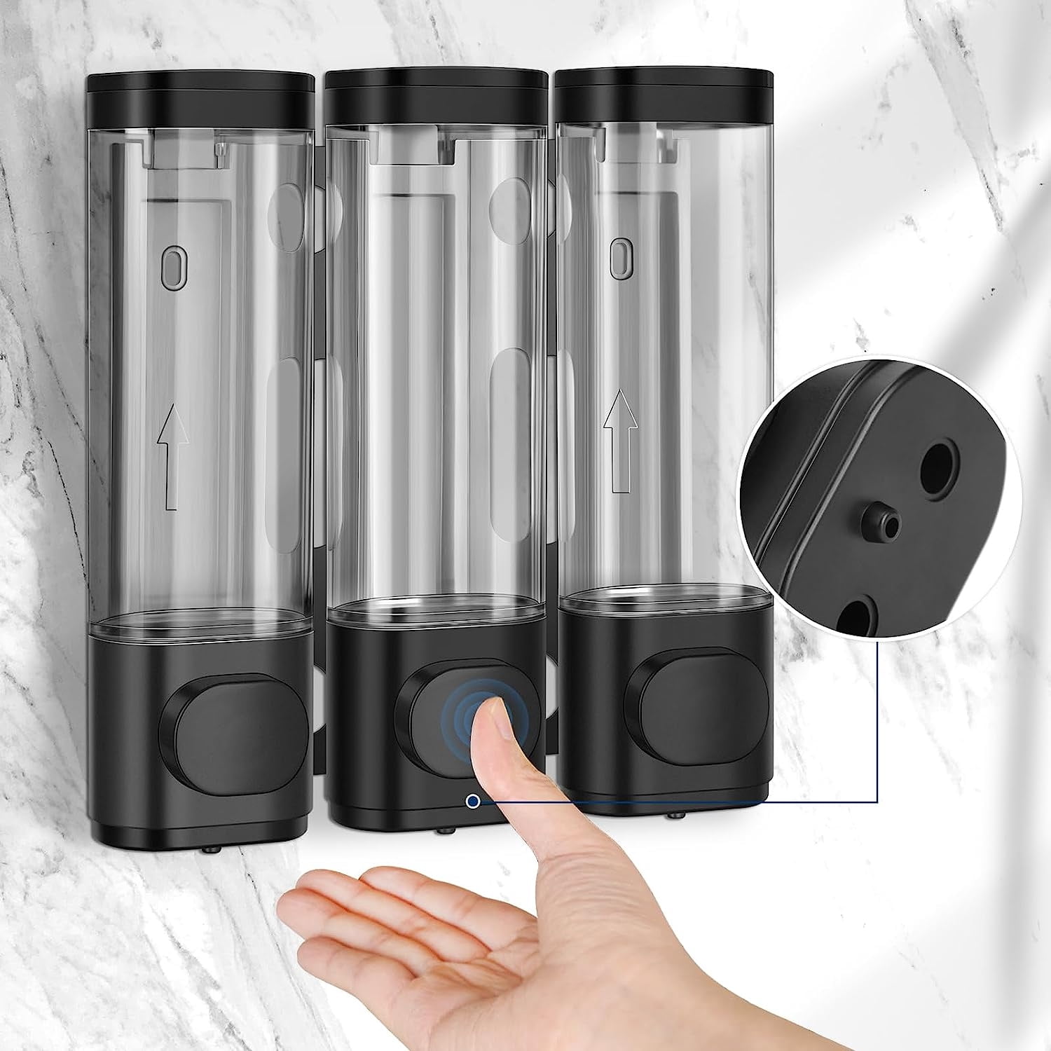 Shower Soap Dispenser 3 Chamber, Dingrich Wall Mounted Shampoo and Conditioner Dispenser with Labels, 400ml Large Capacity Shampoo Dispenser Set for Bathroom, Hotel, Kitchen, RV - Black