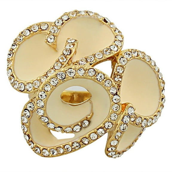 Fashion Alloy Yellow Gold-Tone White Enamel CZ Large Cocktail Flower Ring