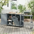thumbnail image 2 of 78.3" Outdoor Kitchen Island with Foldable Grill Table, Wooden Outdoor Grill Cart with Trash Can Storage & Stainless Steel Top, Outdoor Bar Cart, Pizza Oven Table for Lawn & Garden, Grey Blue, 2 of 6