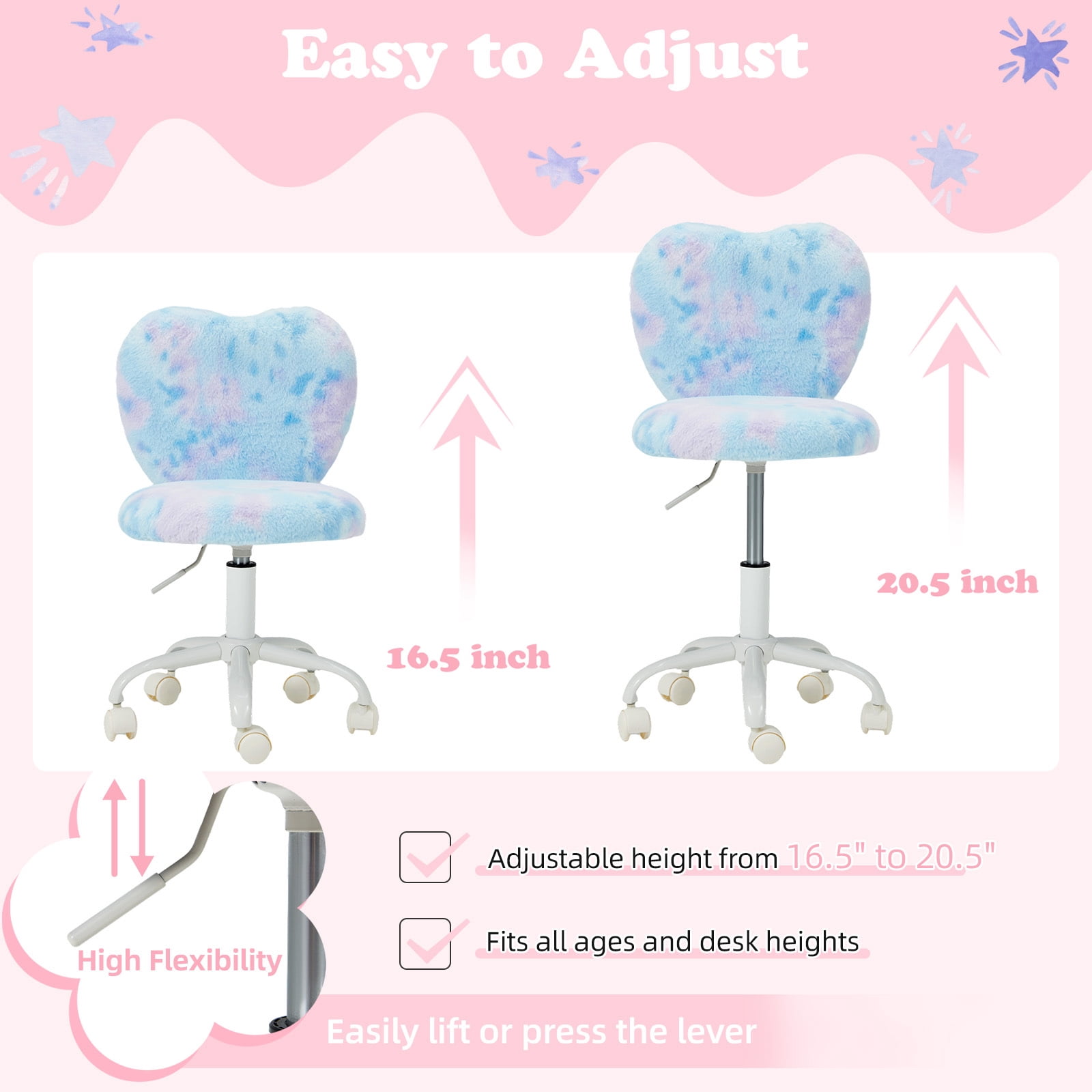Vicluke Kids Desk Chair with Wheels Adorable Fluffy Girls Desk Chair with Heart-Shaped Backrest Design Adjustable Seat Height for Bedrooms & Study Rooms, Dreamy Blue