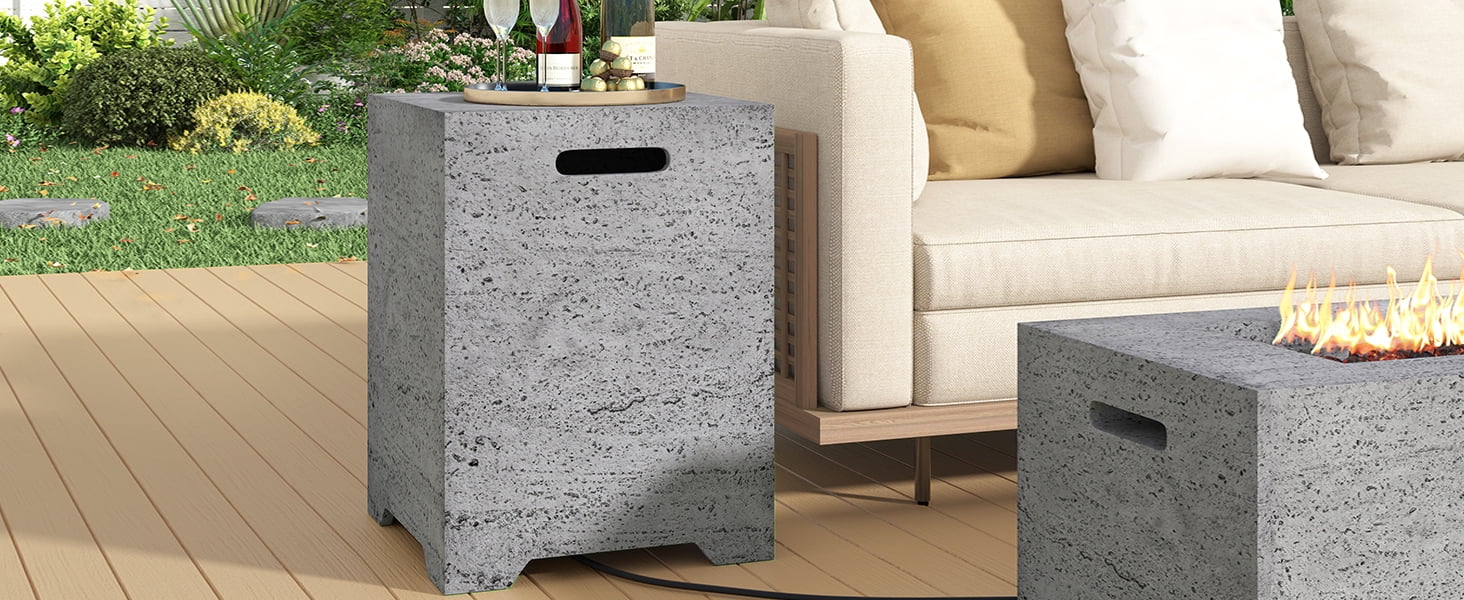 Mintazer 15.75" Outdoor Propane Tank Cover Table with Side Handles & Protective Cover for Patio Backyard, No Assembly Needed, Dark Gray