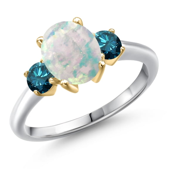 Gem Stone King 925 Silver and 10K Yellow Gold Simulated White Opal and Blue Diamond Engagement Ring for Women | 1.54 Cttw | Oval Cabochon 9X7MM | Gemstone October Birthstone | Size 5