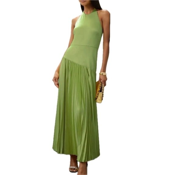 Women's Pleated Halter Neck Maxi Dress with Tied Stretch Bodice Not Lined Elegant Full Length 95% Cotton 5% Spandex