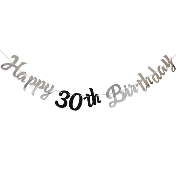 Happy 30th Birthday Banner, Silver and Black, Script Style, Party Decoration
