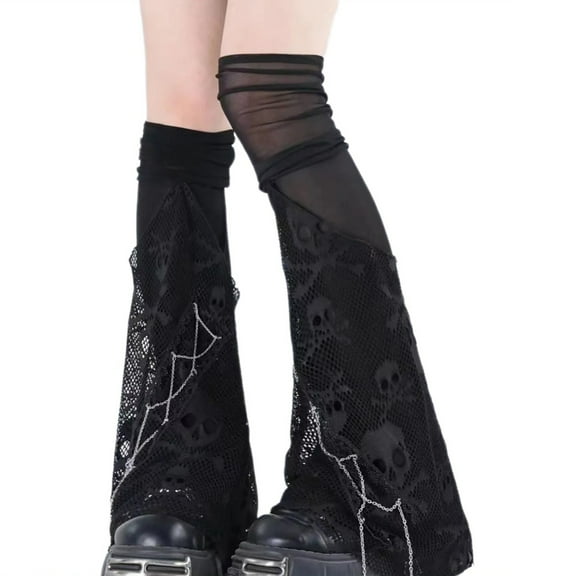 Women Tulle Over Knee Flared Leg Warmer Alternative Punk Stockings Hollowed Skull Fishnets Leg Cover Streetwear