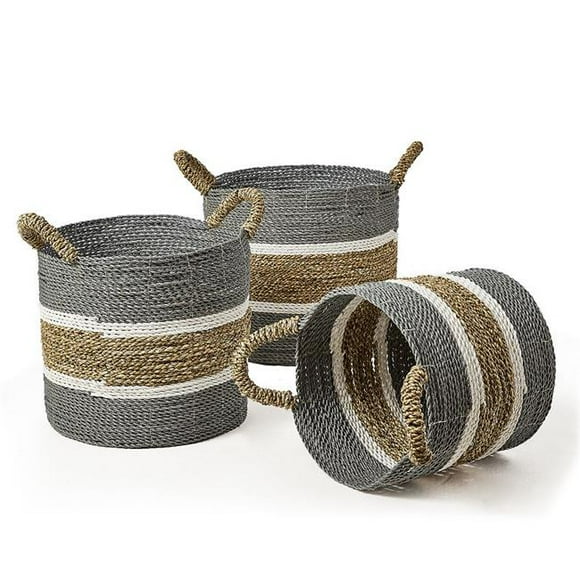 Baum 21A269K Round Seagrass & Raffia Baskets with Ear Handles - Set of 3