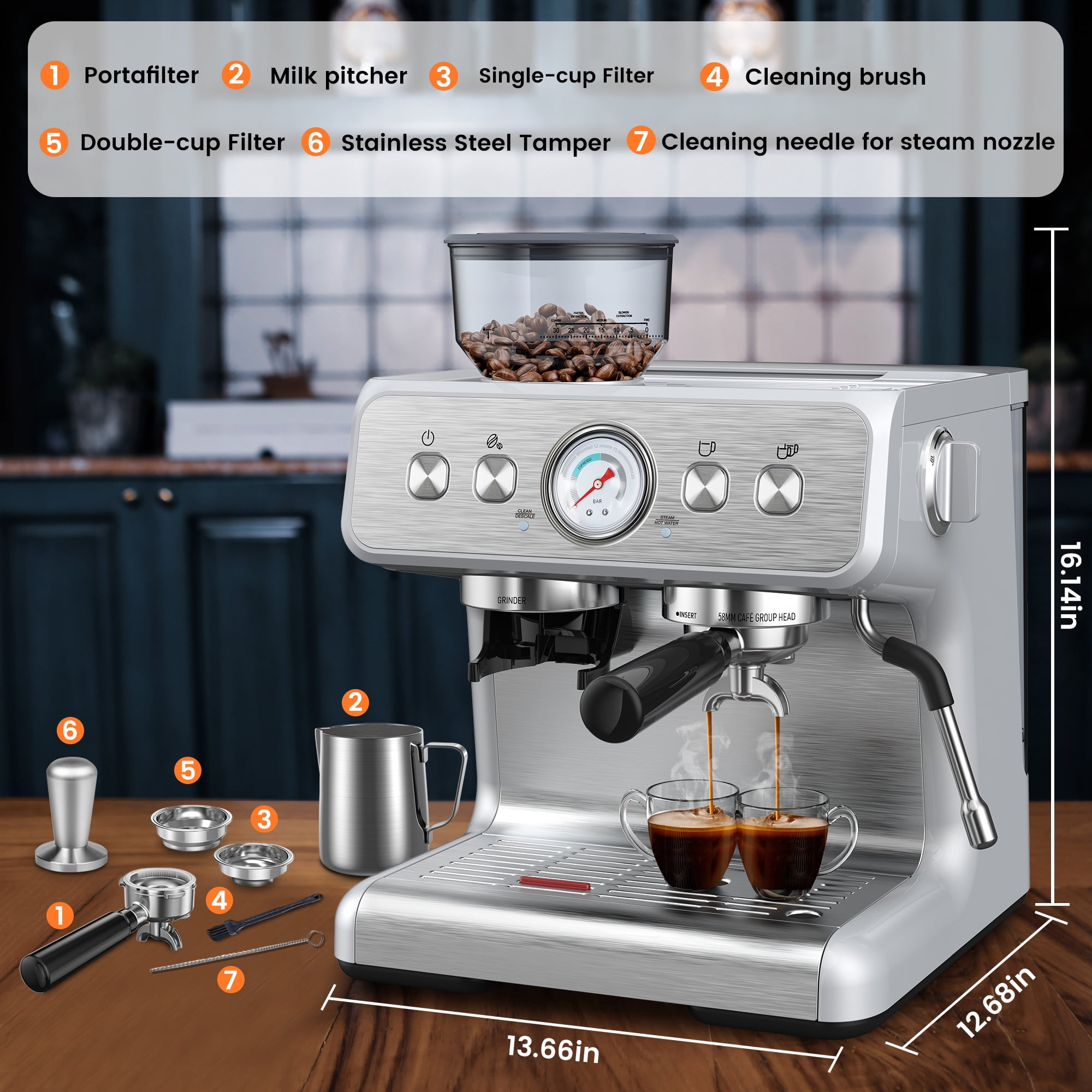 Moifoi Espresso Machine with Grinder and Milk Frother Steam Wand, 15 Bar Pump & 95 Ounce Water Reservoir, Professional Coffee Machine, New, Stainless Steel
