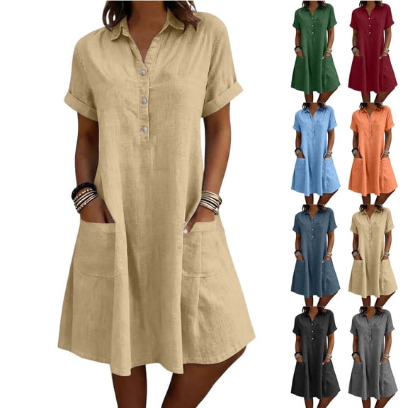 VBVC Women's Collared Button Down Tunic Dress, Slim Short Sleeve Dresses For Women, Ladies' Casual Summer Shift Dress with Pockets,Black,S-2XL