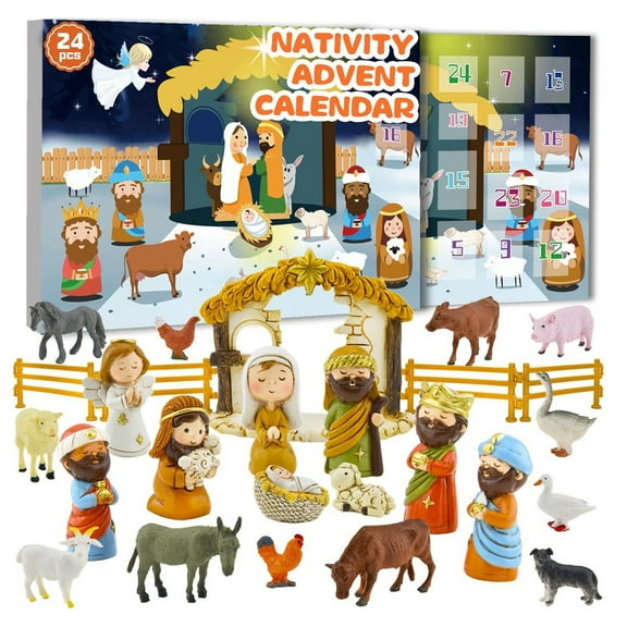 Christmas Advent Calendar Resin Ornaments, 24-Days Scene Set Nativity Cute Figures Doll Advent Calendar Surprise Toys